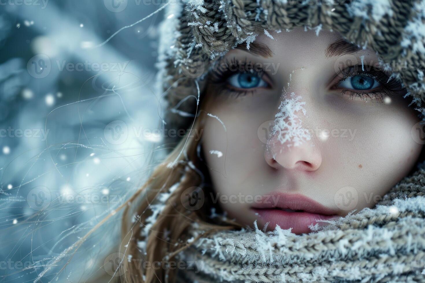 A woman with blue eyes in a winter hat photo