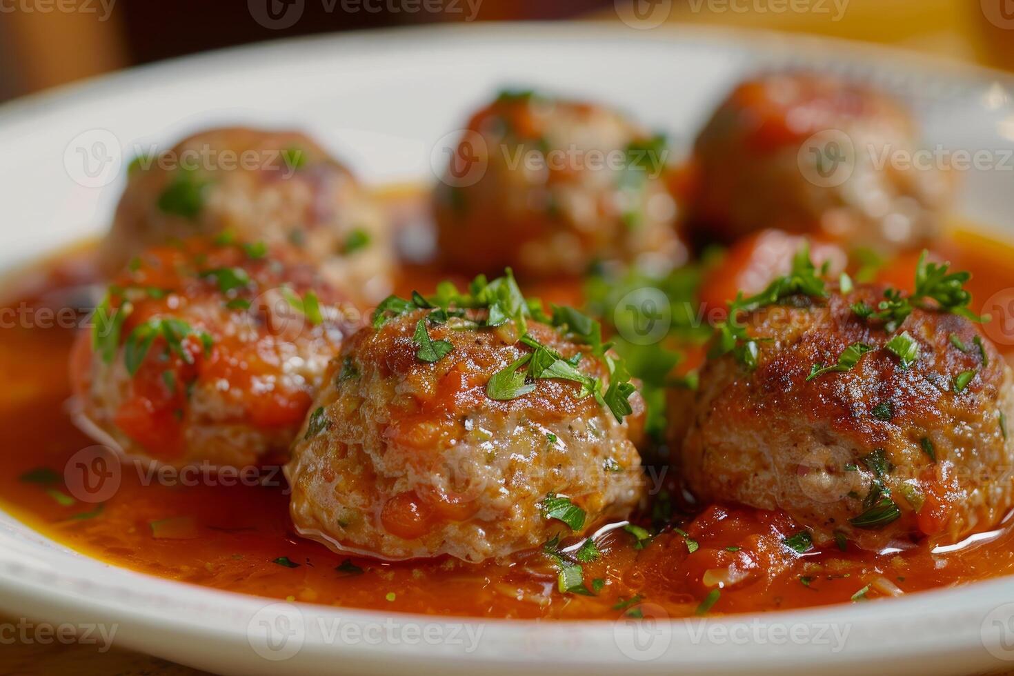 Delicious meatballs sprinkled with parsley in tomato sauce on white plate photo