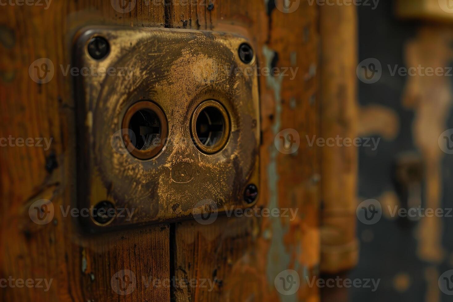 Old rusted metal plate with two holes screwed on wooden surface photo