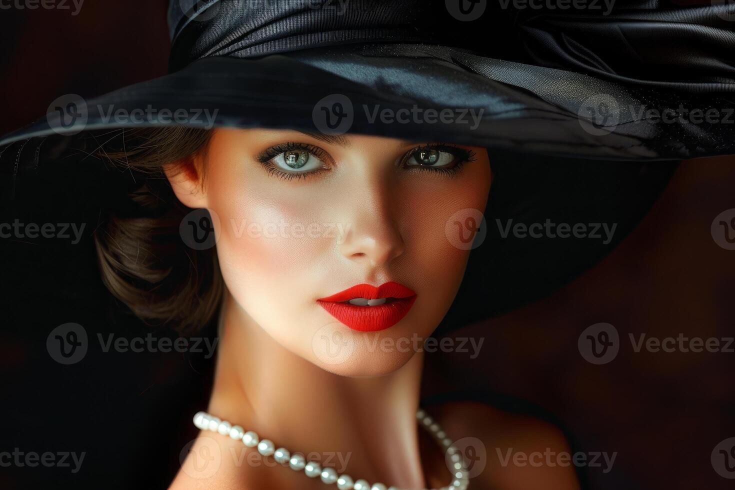 Elegant woman wearing a black hat and pearl necklace with red lipstick photo