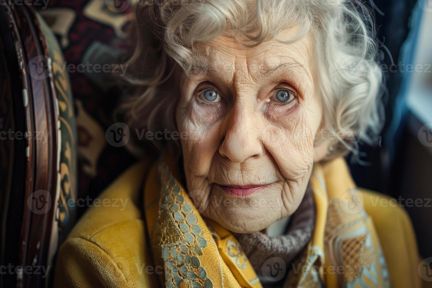 Elderly woman sitting and posing for portrait photograph photo