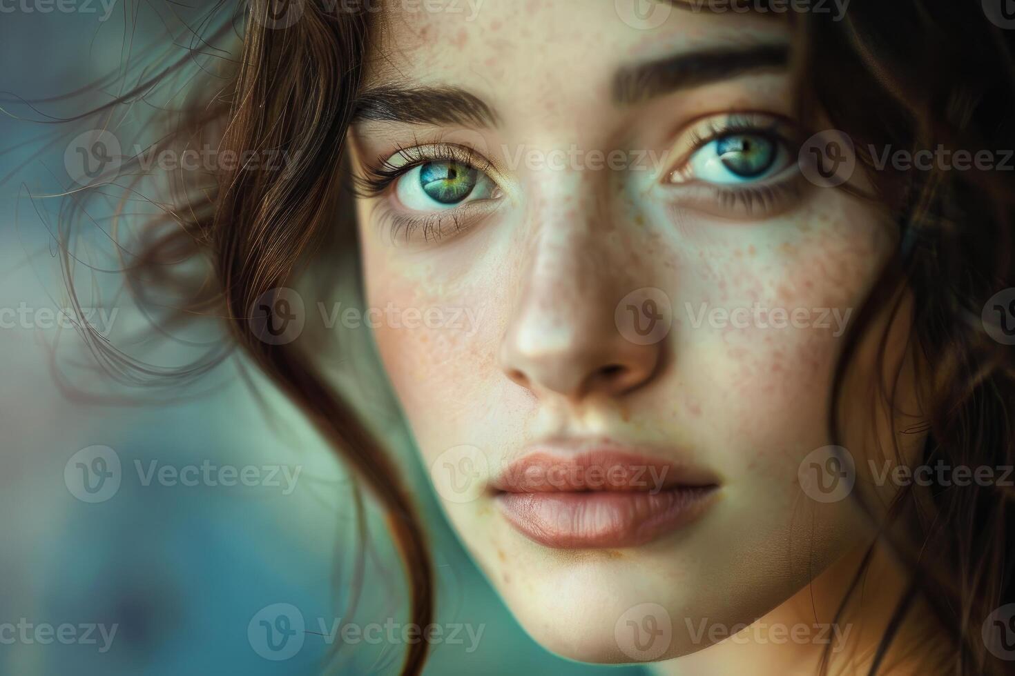 Portrait of freckled young woman with green eyes and brown hair photo