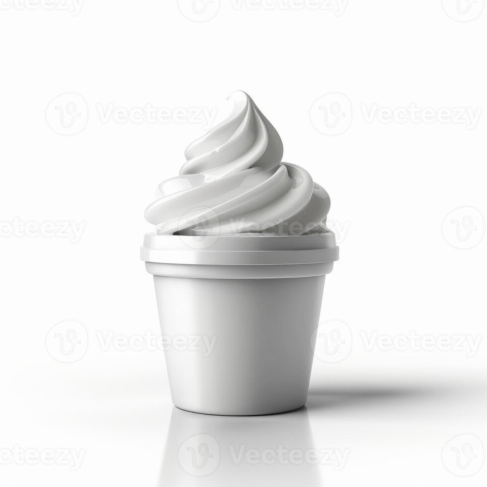 Delicious soft serve ice cream swirling in blank white cup on reflective surface photo