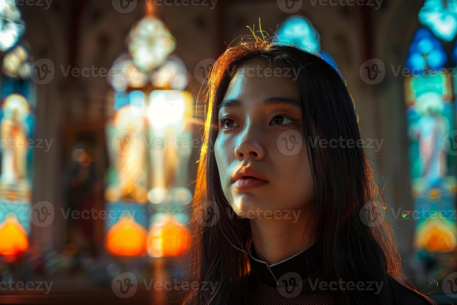 Young woman praying in church with stained glass windows photo