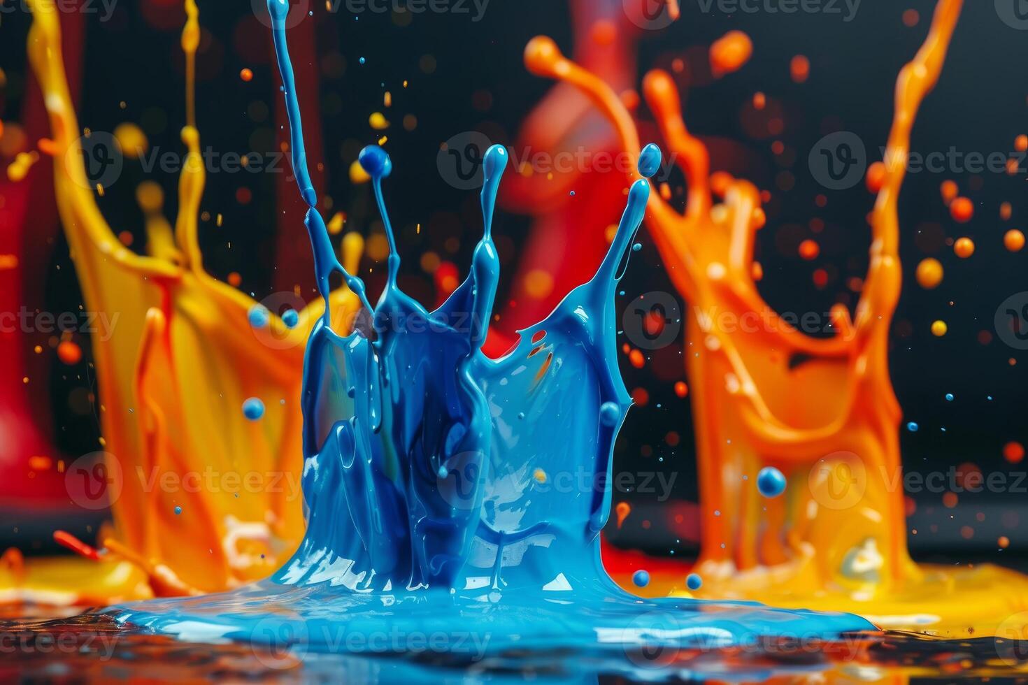 Colorful paint splashing on black background, mixing primary colors in artistic liquid display photo