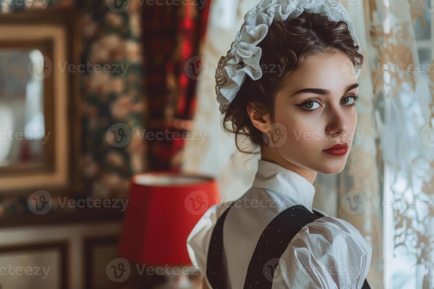 Young maid wearing uniform and bonnet posing in luxurious room photo