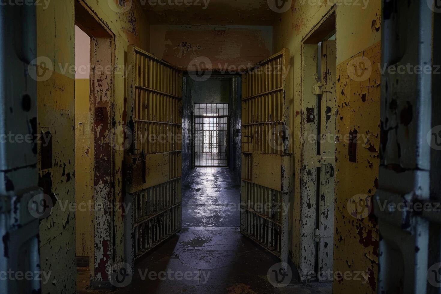 Open cell doors showing jail interior with light coming through bars photo