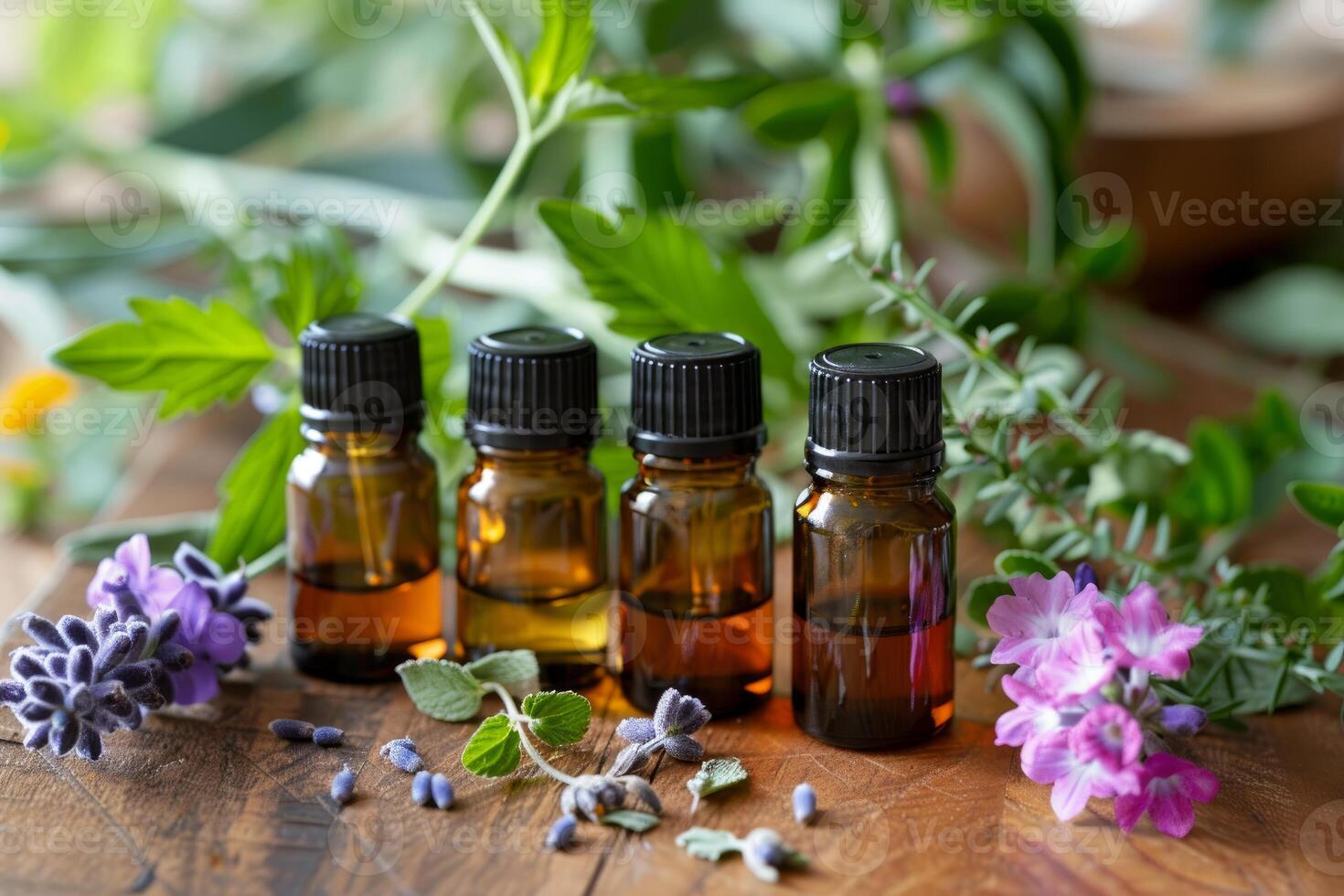 Essential oils and fresh herbs creating natural remedies photo