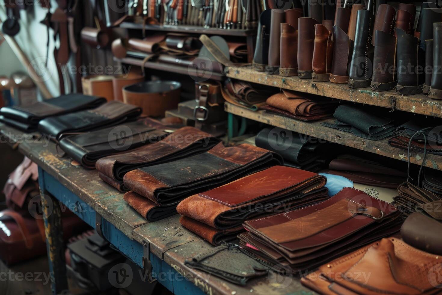 Leather workshop showing folded pieces of leather material on workbench photo