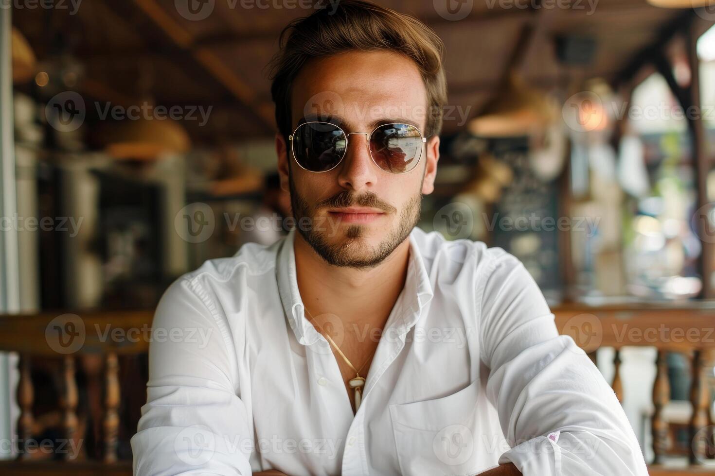 Young businessman wearing sunglasses sitting in cafe photo