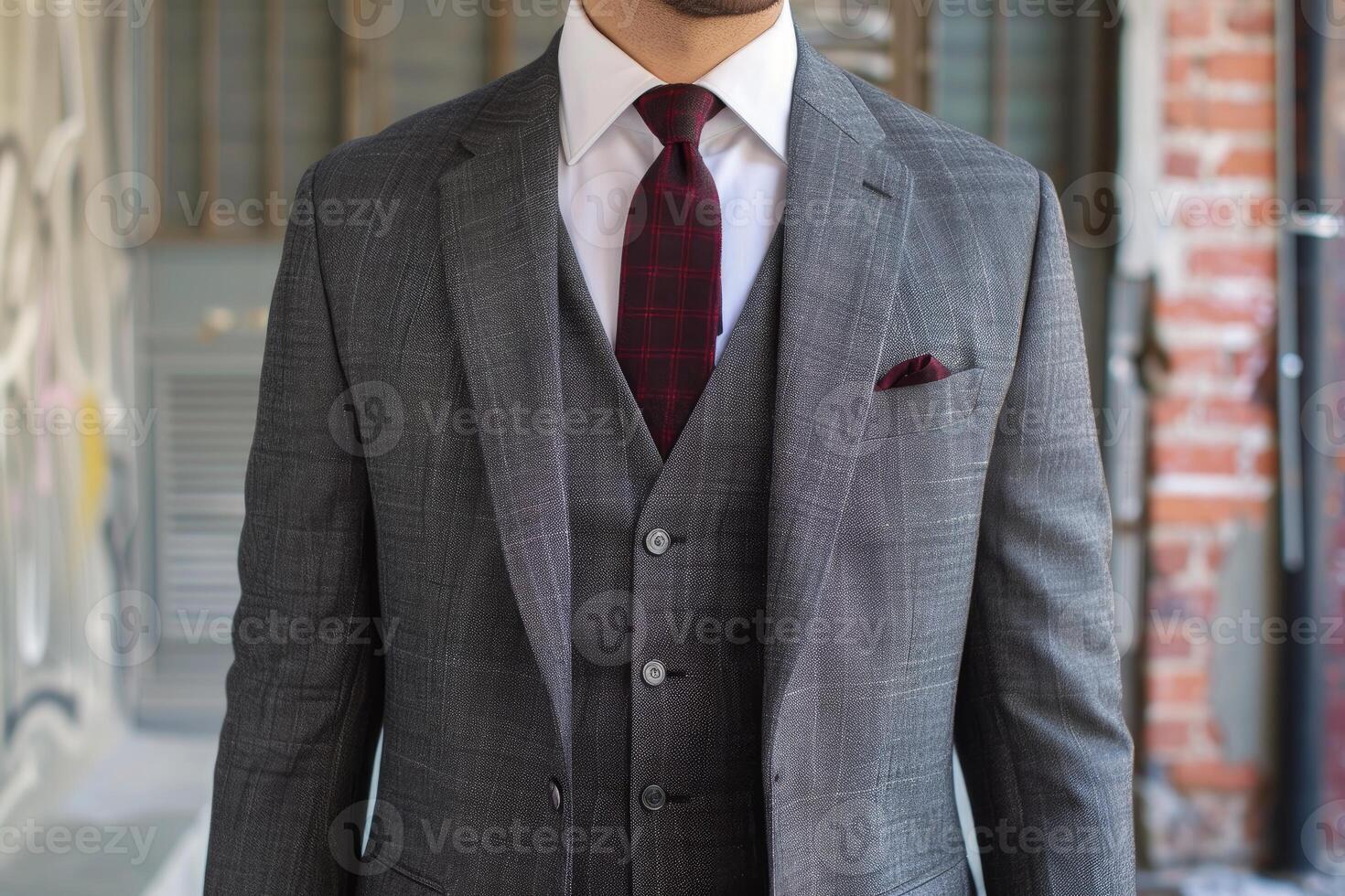 Businessman wearing gray suit with burgundy tie and pocket square photo