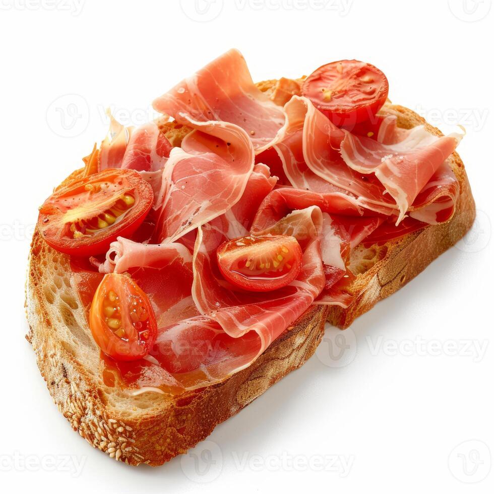 Delicious toast with iberian ham and cherry tomatoes creating tasty appetizer photo