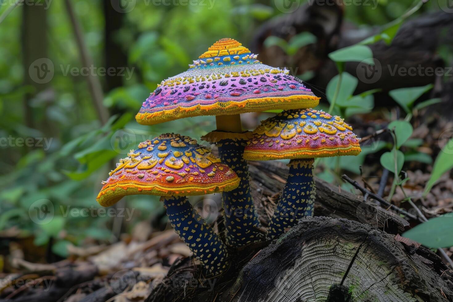 Vibrant mushrooms growing on log in lush forest photo