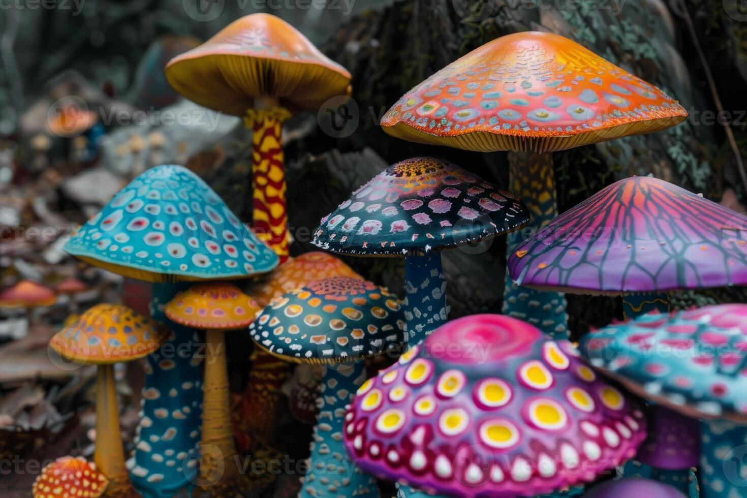 Colorful psychedelic mushrooms growing in enchanted forest photo