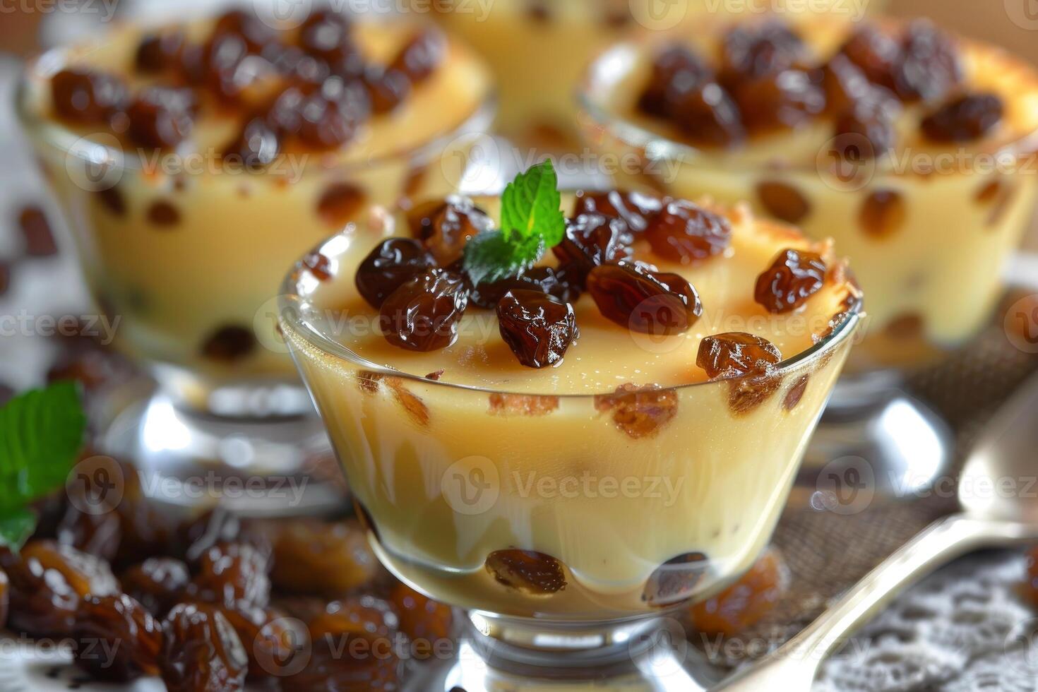 Delicious creamy dessert with raisins and mint leaves decorating photo