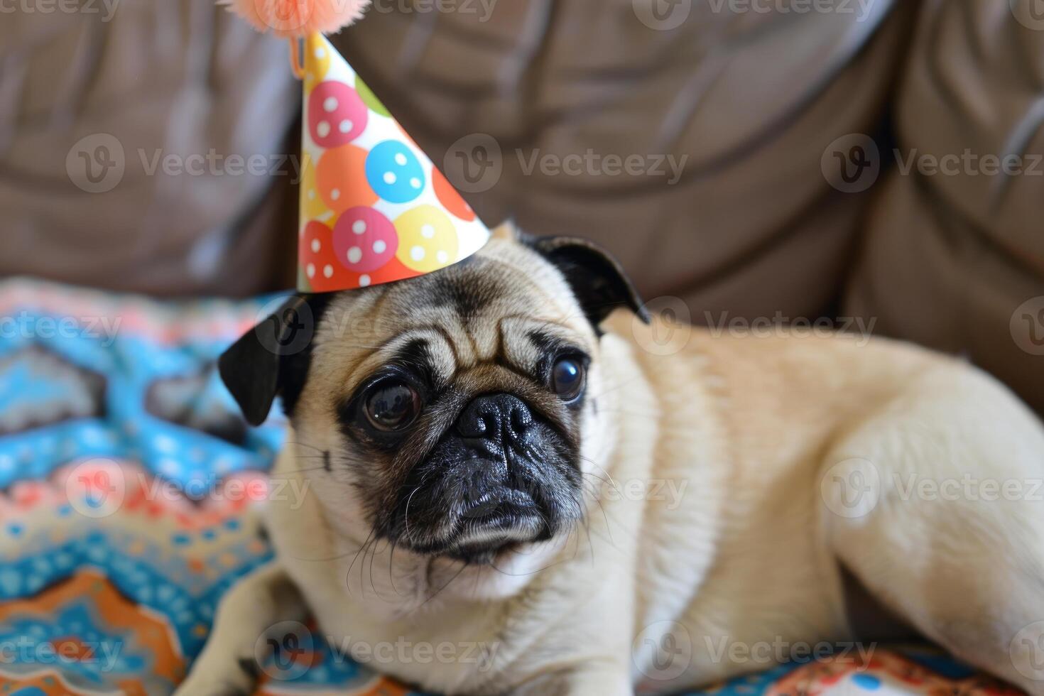 Pug puppy wearing colorful birthday hat lying on sofa photo