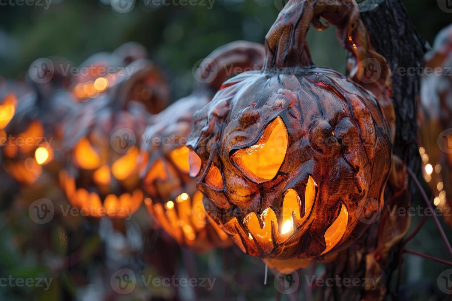 Halloween pumpkins glowing in the dark creating a spooky atmosphere photo