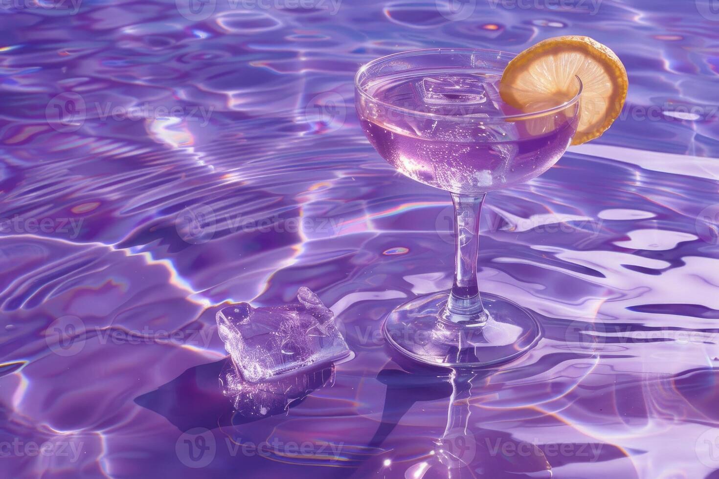 Purple drink with lemon and ice cubes floating on water surface photo