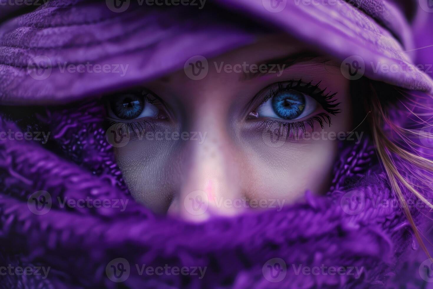 Woman with blue eyes hiding behind purple scarf and hat photo