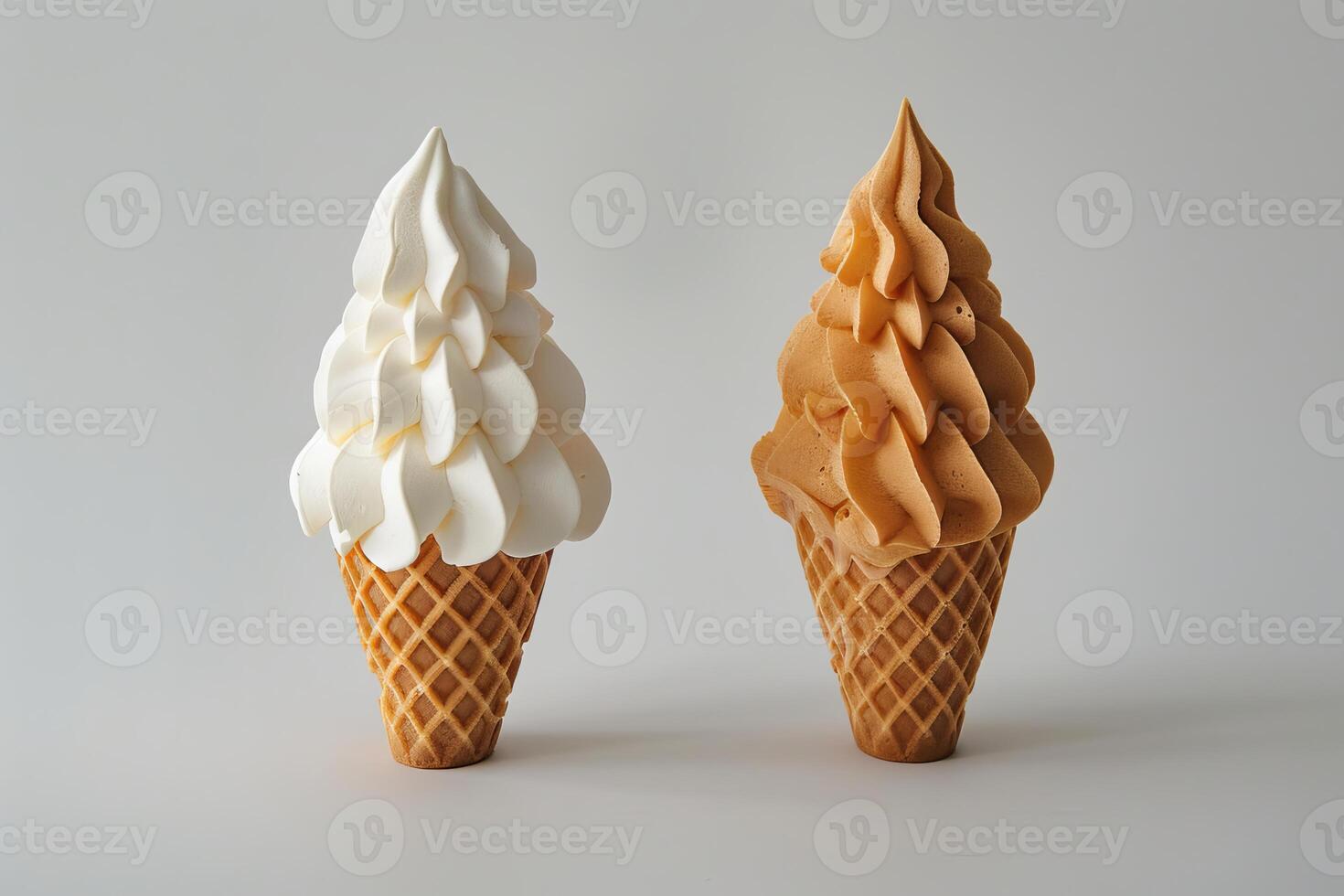 Two soft serve ice cream cones standing on gray background photo