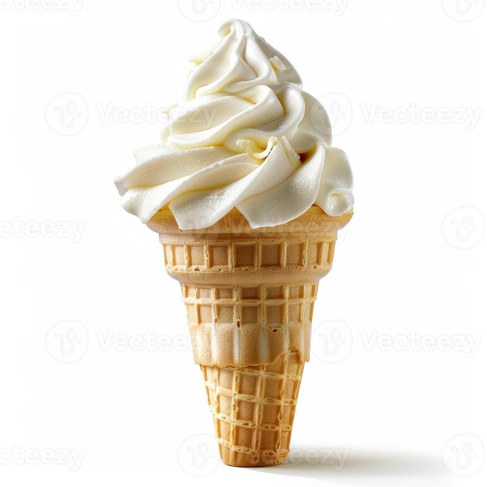Delicious vanilla soft ice cream swirling in a crunchy waffle cone on white background photo