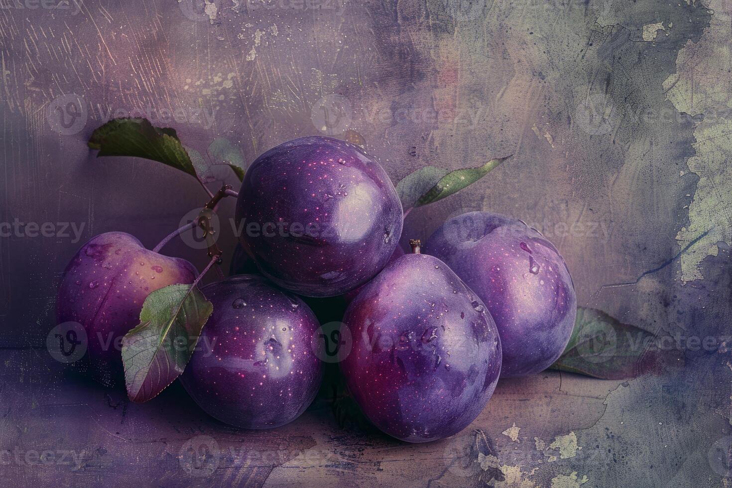 Fresh purple plums with water droplets resting on textured surface photo