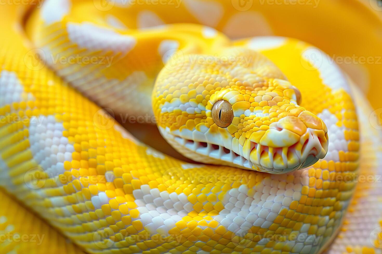 Golden albino python curled up, showing its scales and eye photo