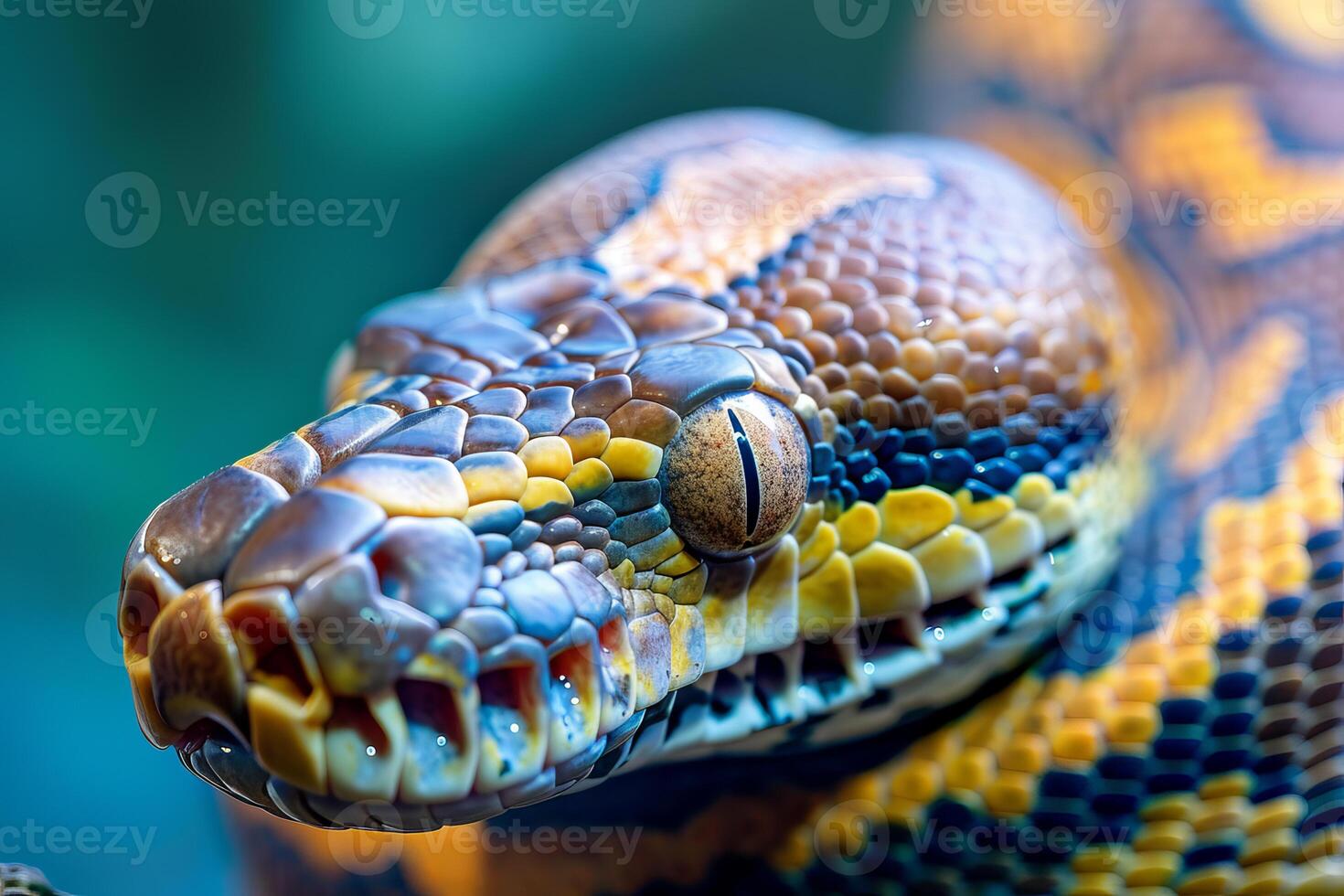 Colorful python snake showing its scales and eye in striking close up photo
