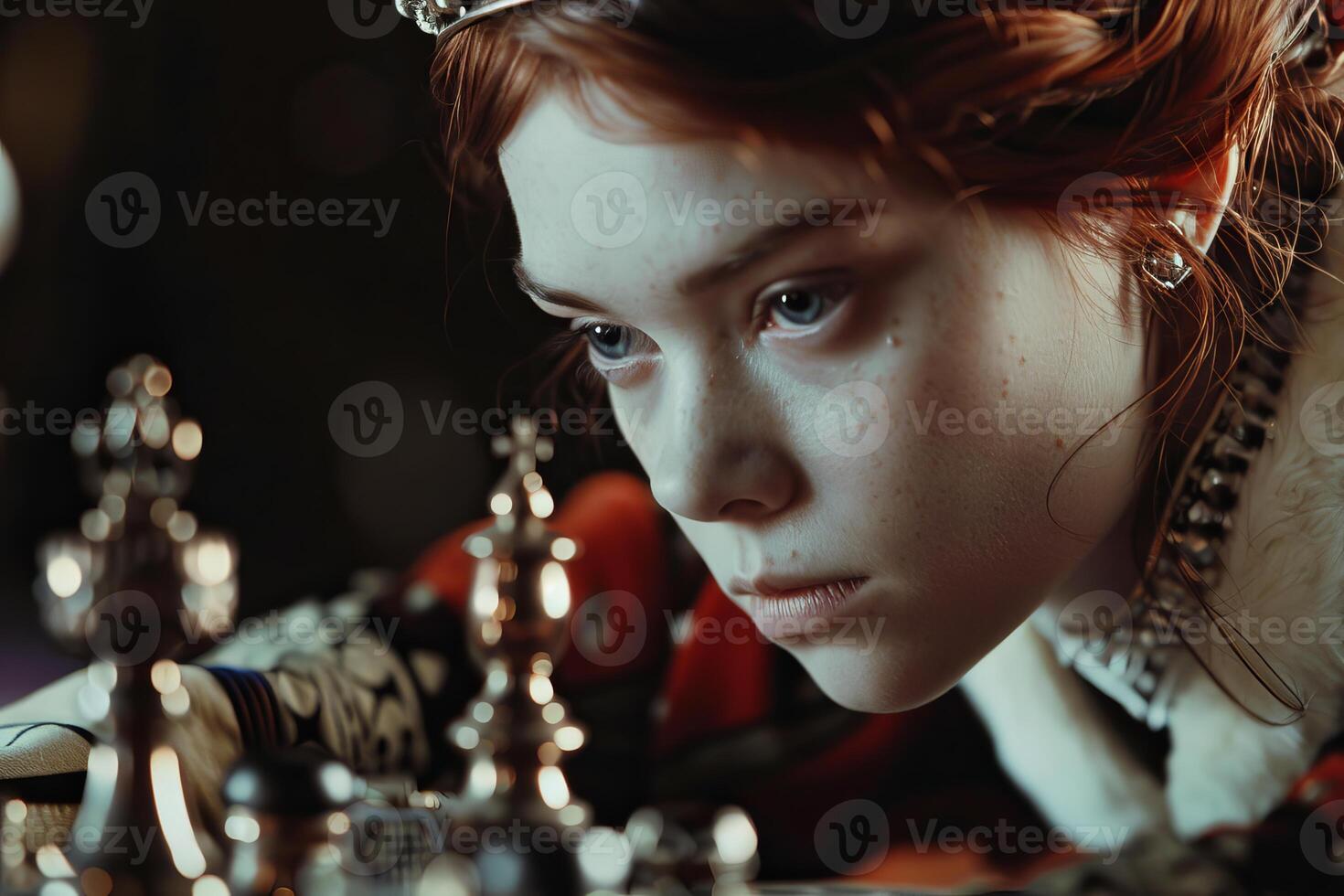Princess playing chess game, making strategic decisions in royal palace photo