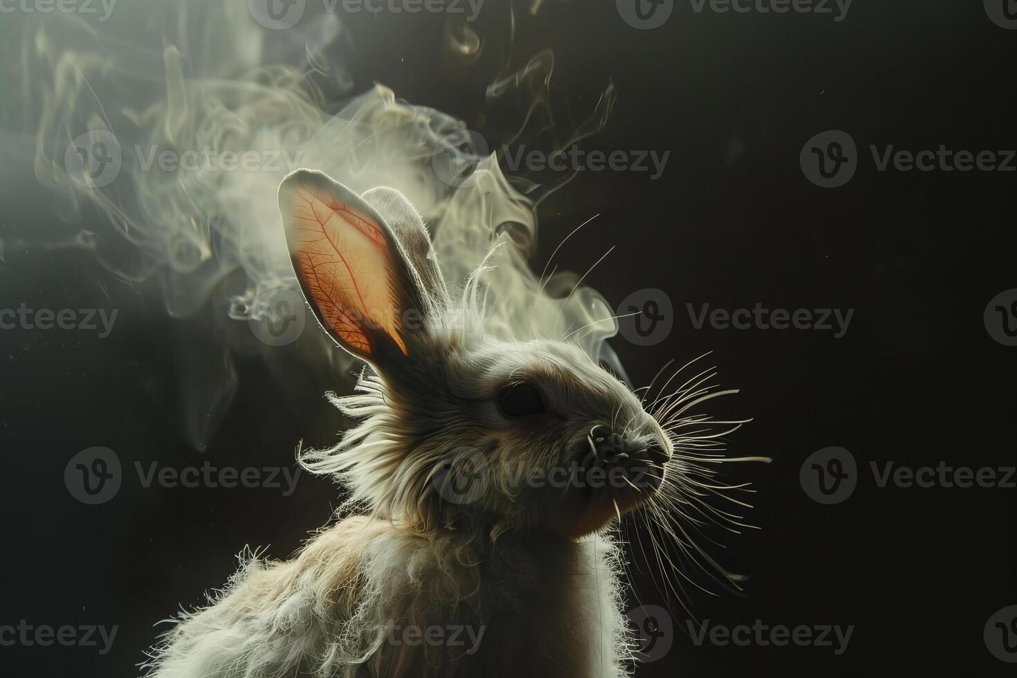White rabbit emerging from mysterious smoke on dark background photo
