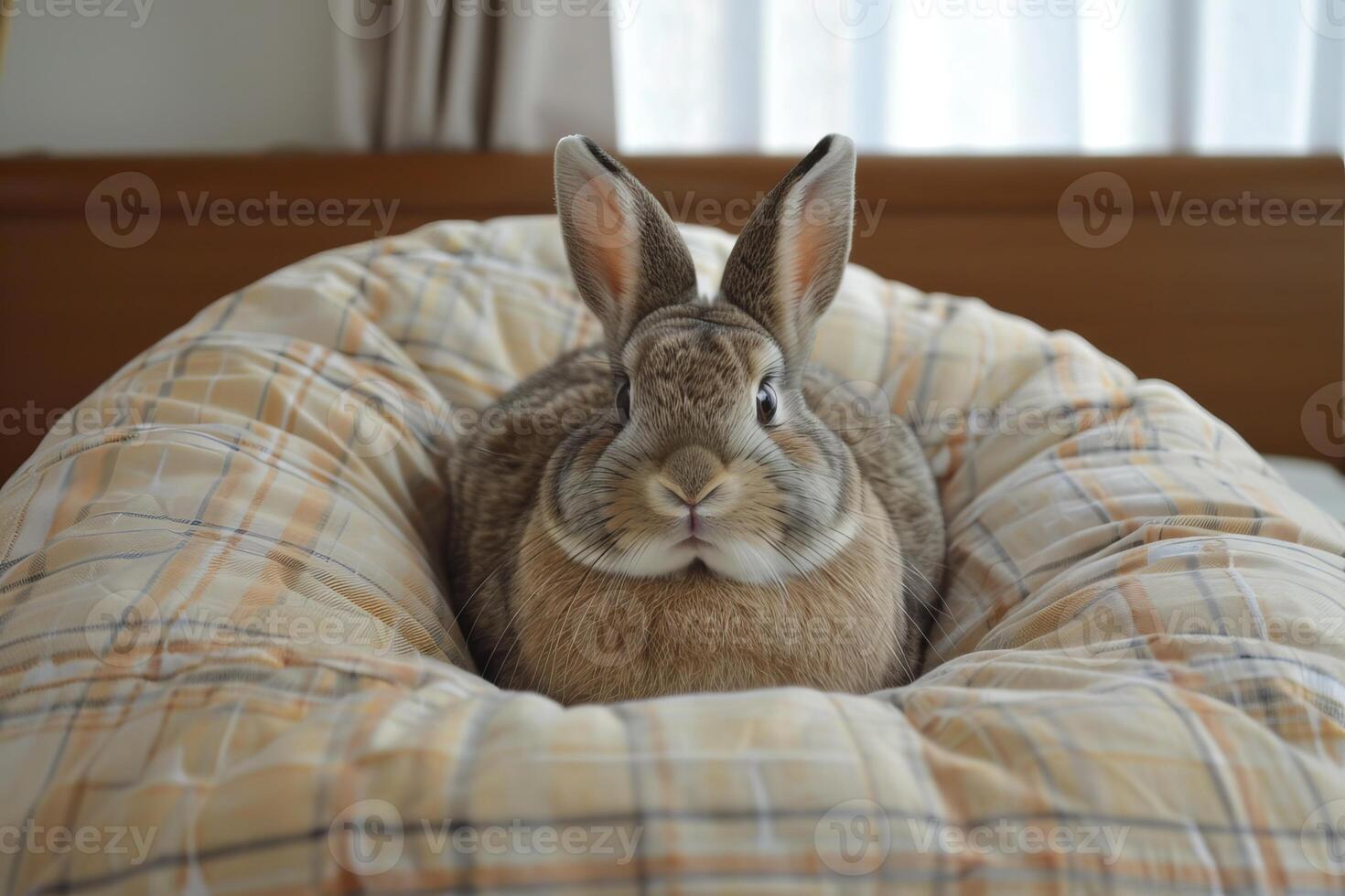 Brown netherland dwarf rabbit relaxing on soft cushion photo