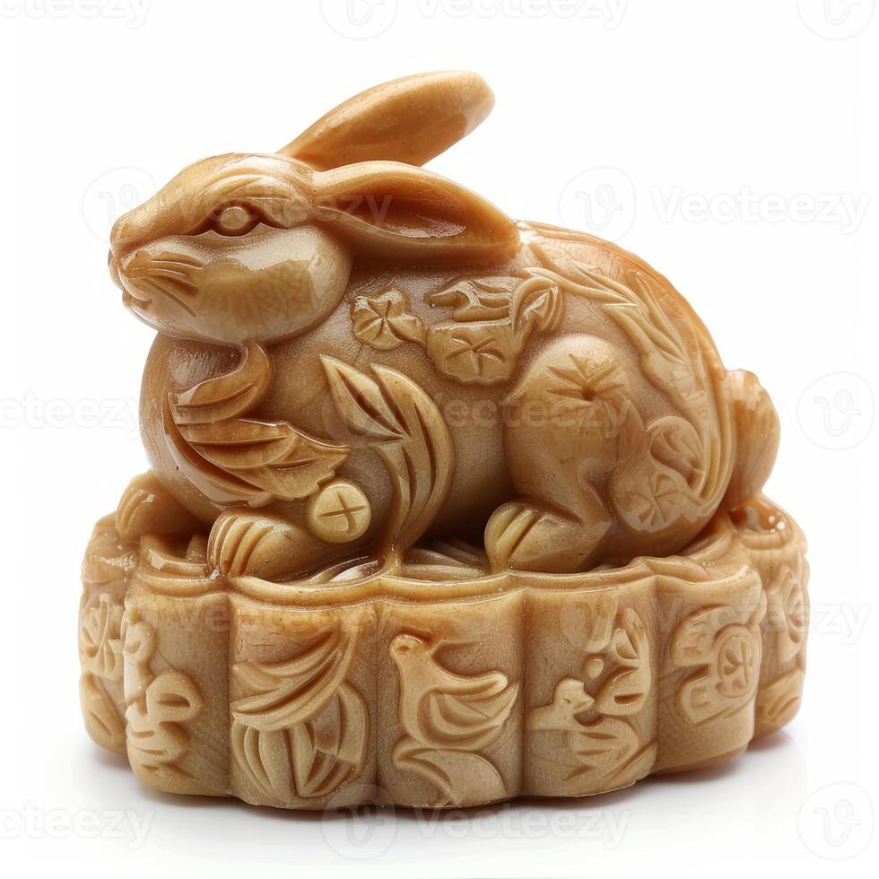 Jade rabbit sculpture resting on ornate pedestal representing chinese zodiac sign photo