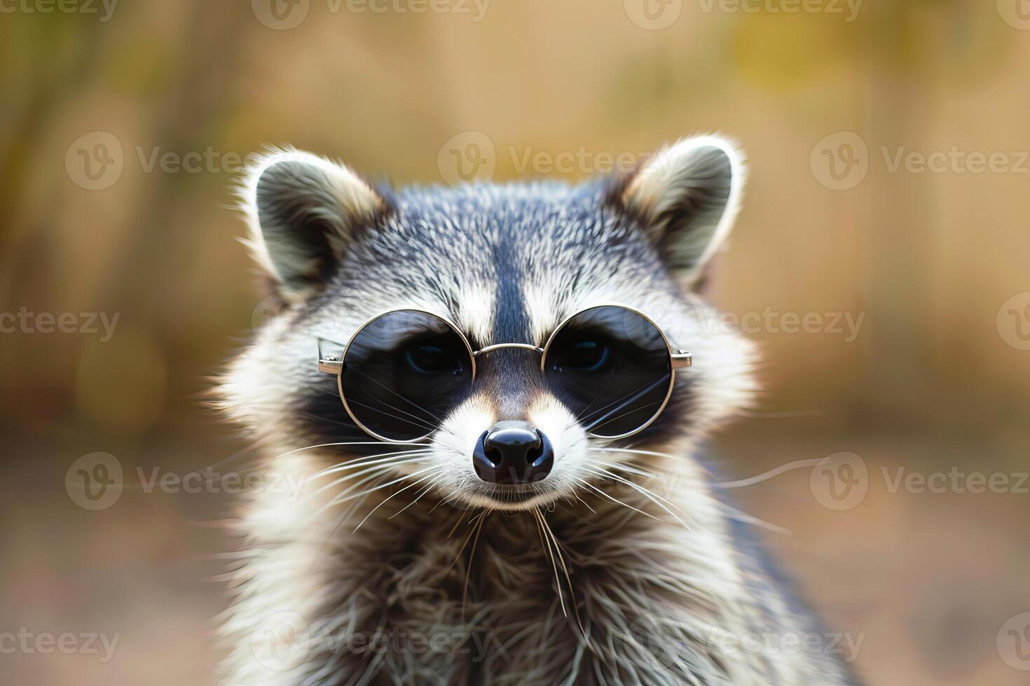 Raccoon wearing sunglasses, portrait of a stylish animal photo