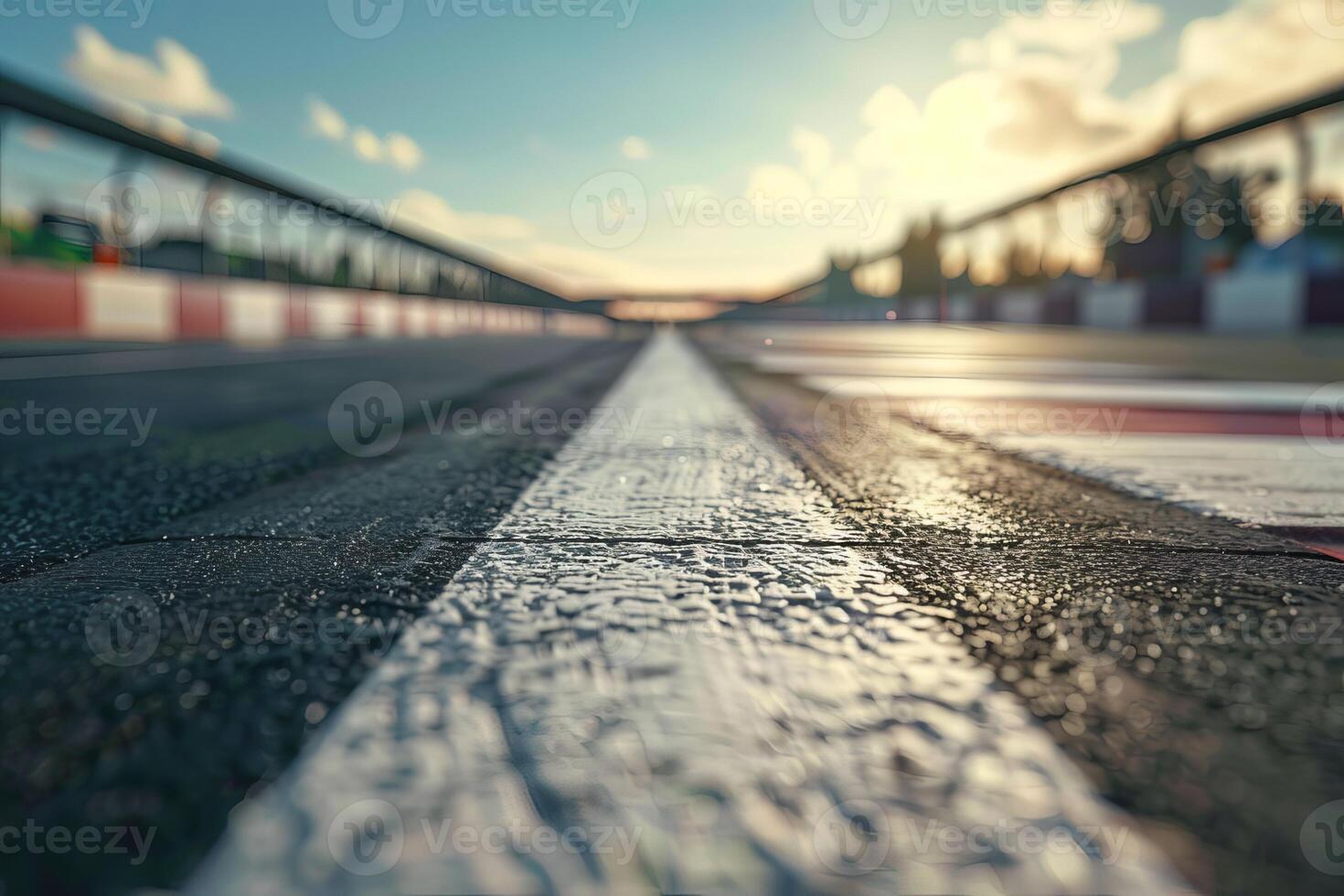 White line dividing asphalt of empty race track at sunset photo