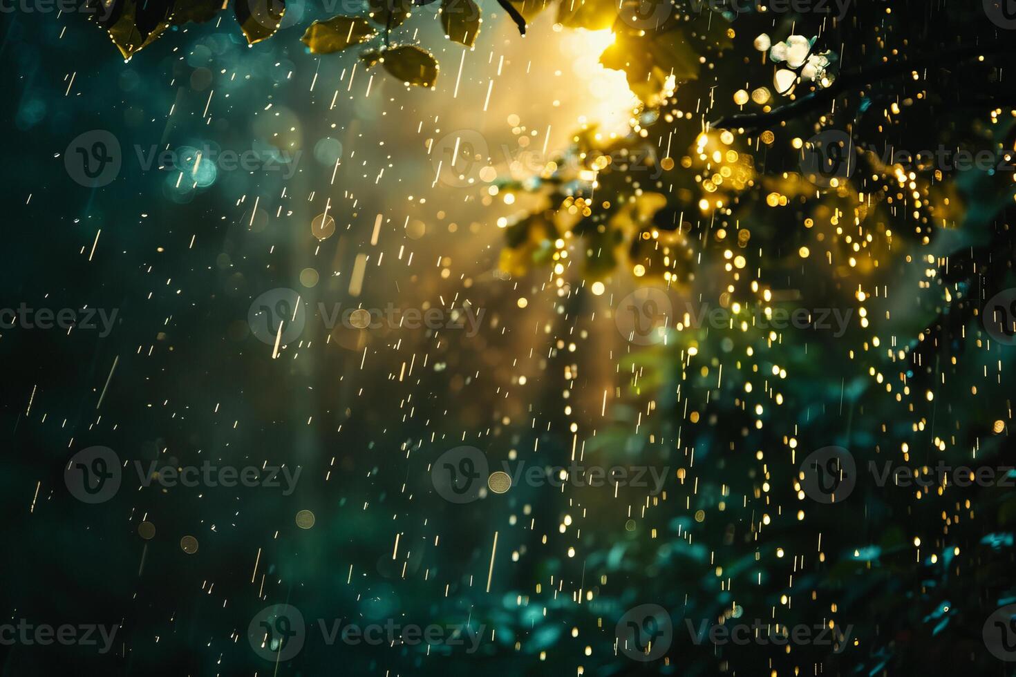 Heavy rain falling from tree branches in the sunlight photo