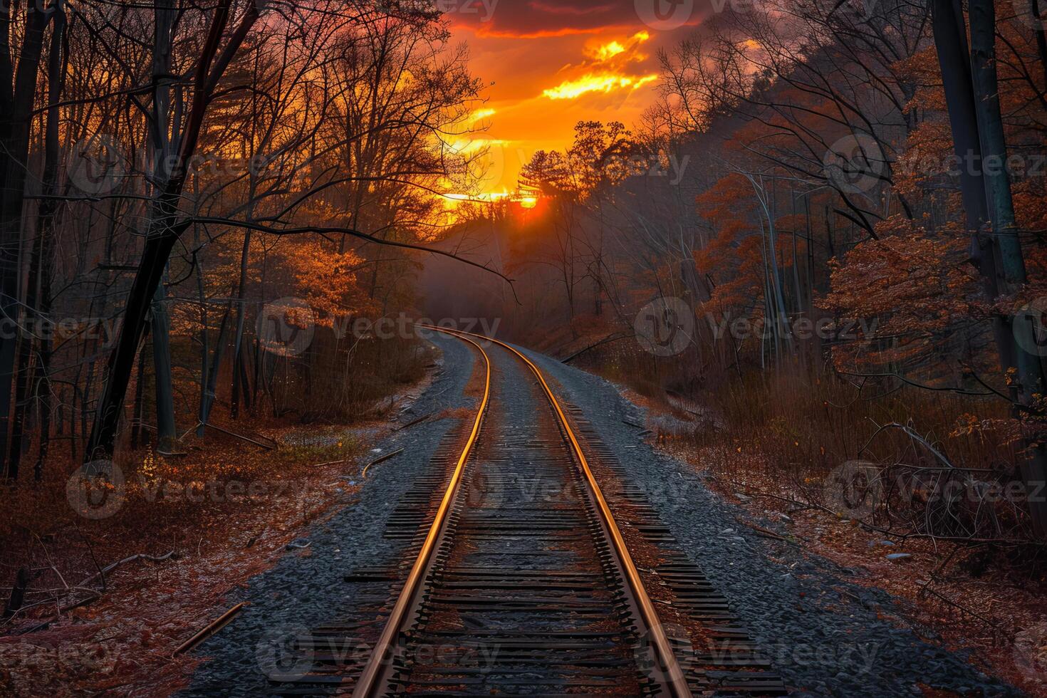 Railroad tracks disappearing into the beautiful autumn forest at sunset photo