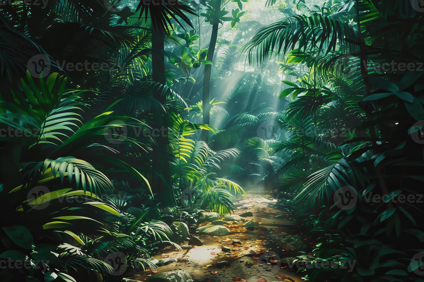 A path through the jungle with sunlight shining through the trees photo
