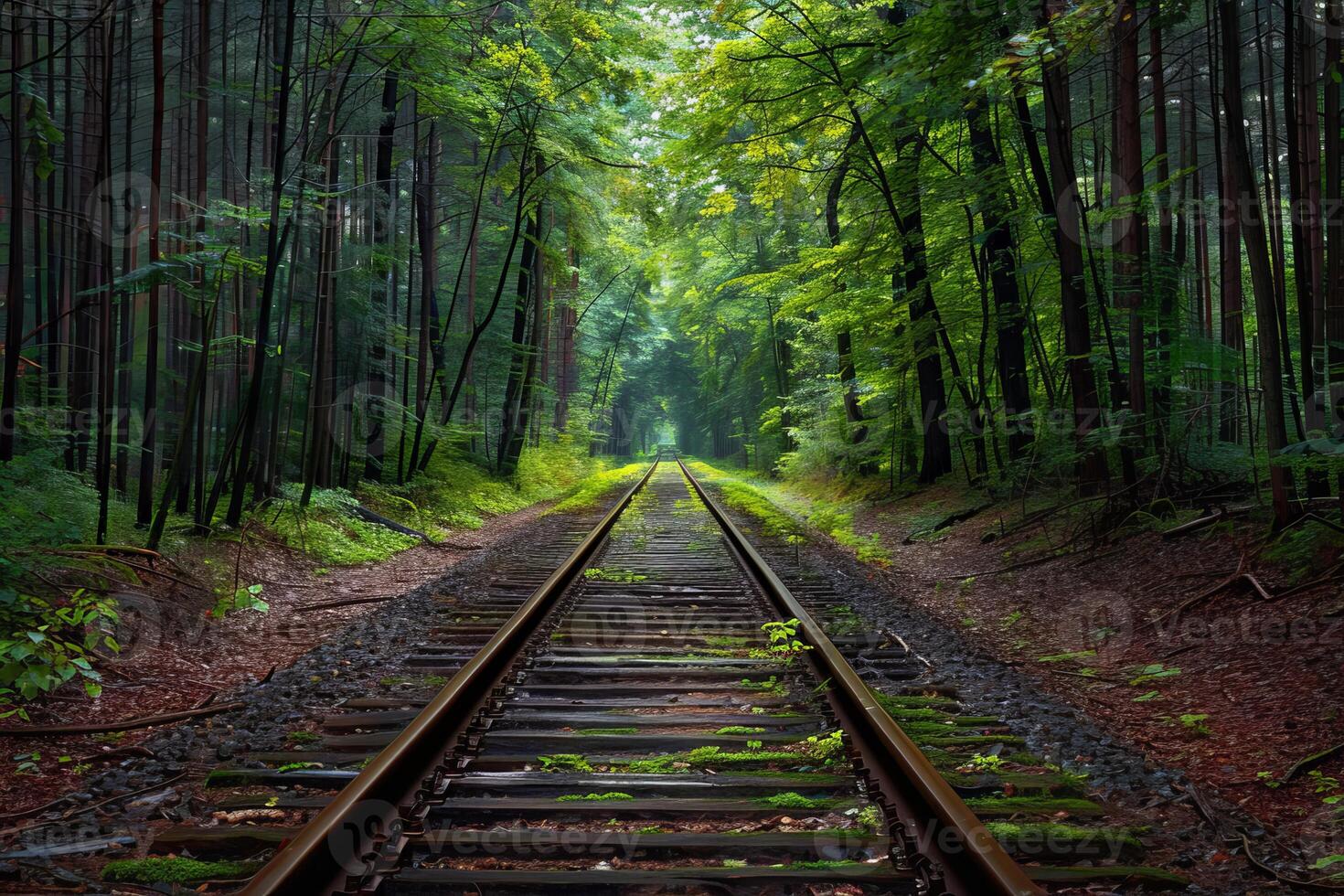 Rusty train tracks disappearing into lush green forest photo