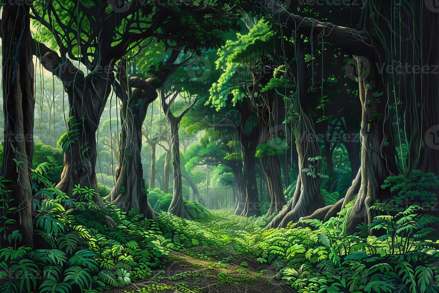 Lush tropical rainforest path covered in ferns and vines photo