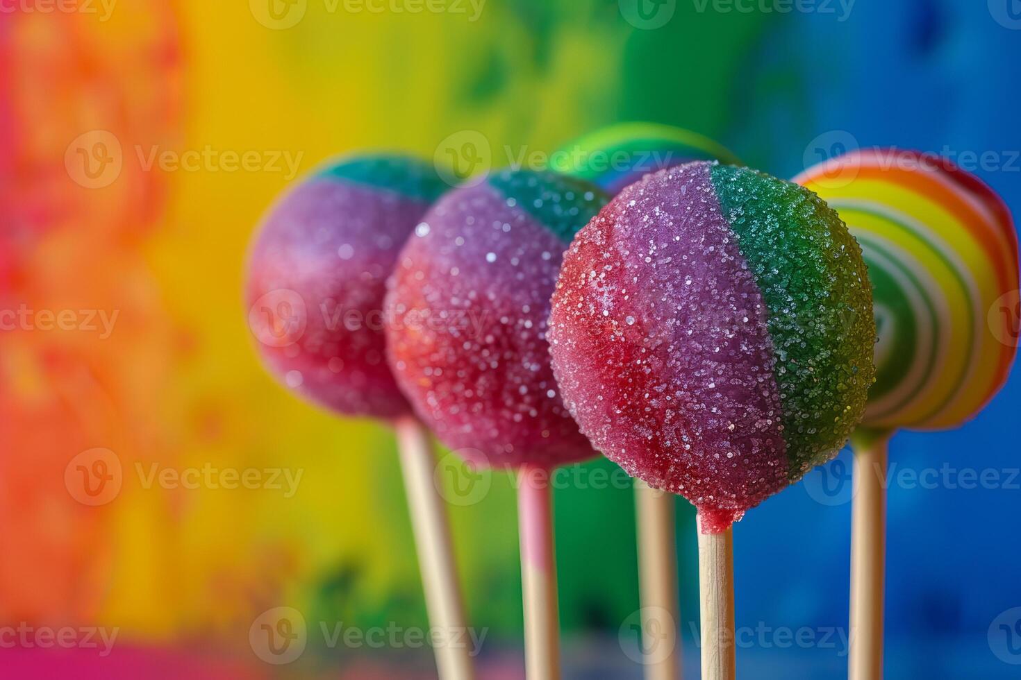 Colorful cake pops displayed on a rainbow background celebrating sweetness photo