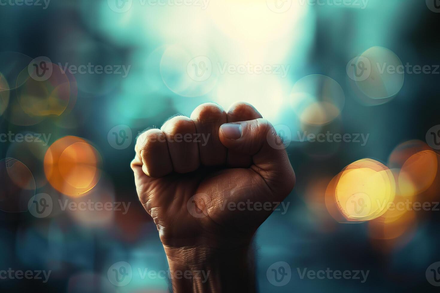 Clenched fist symbolizing power, strength, and resistance against city lights backdrop photo