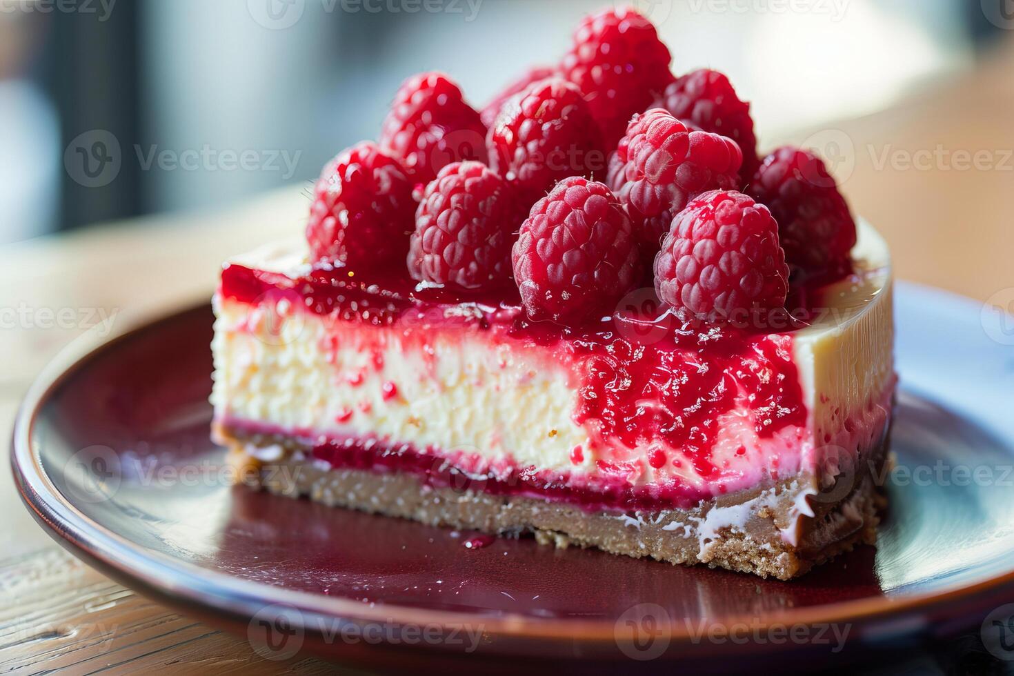 Delicious raspberry cheesecake slice sitting on a plate photo