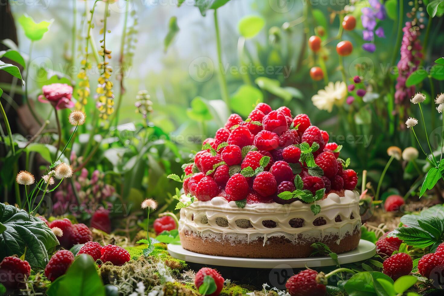 Delicious raspberry cake sitting on mossy surface in lush garden setting photo