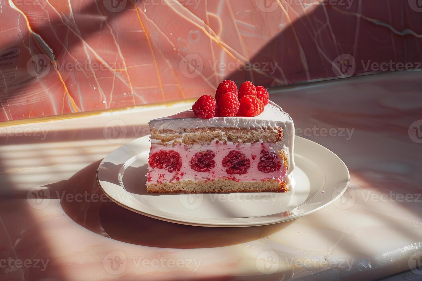 Delicious raspberry cake slice sitting on plate on marble countertop photo