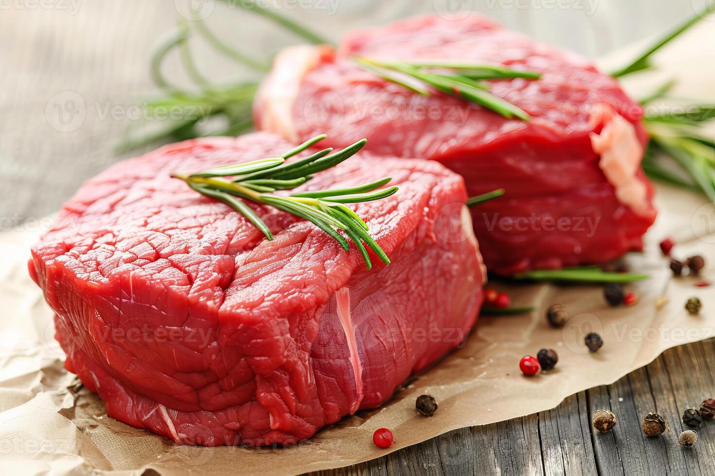Two raw beef steaks on a wooden table photo