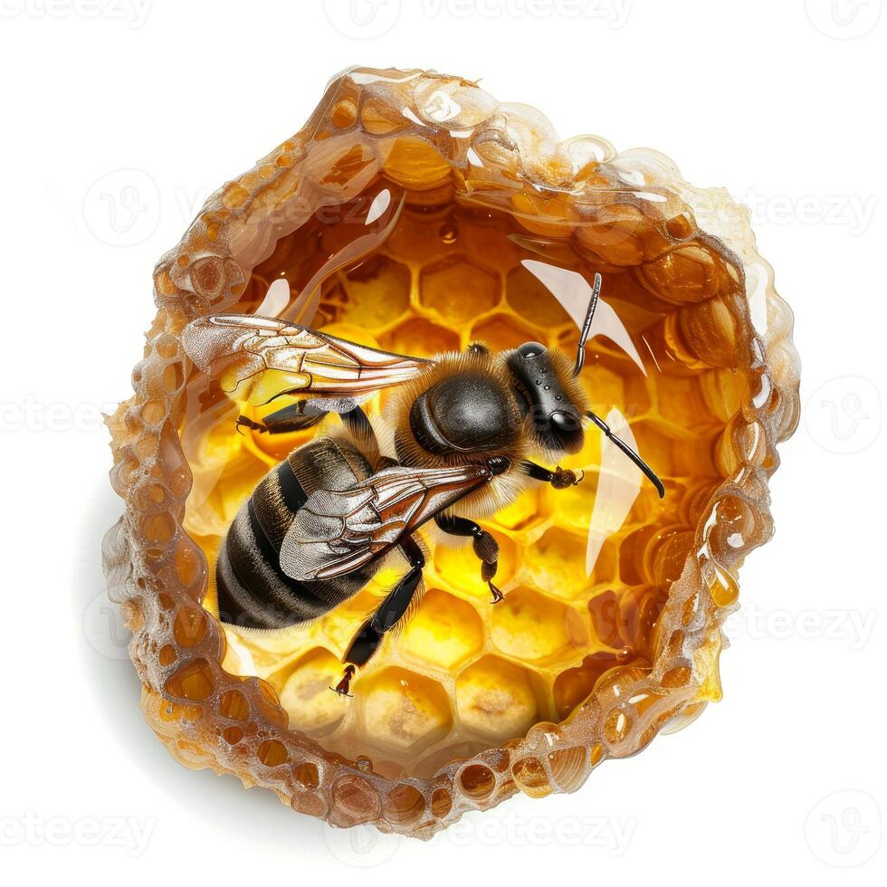 Honey bee standing on honeycomb with honey photo