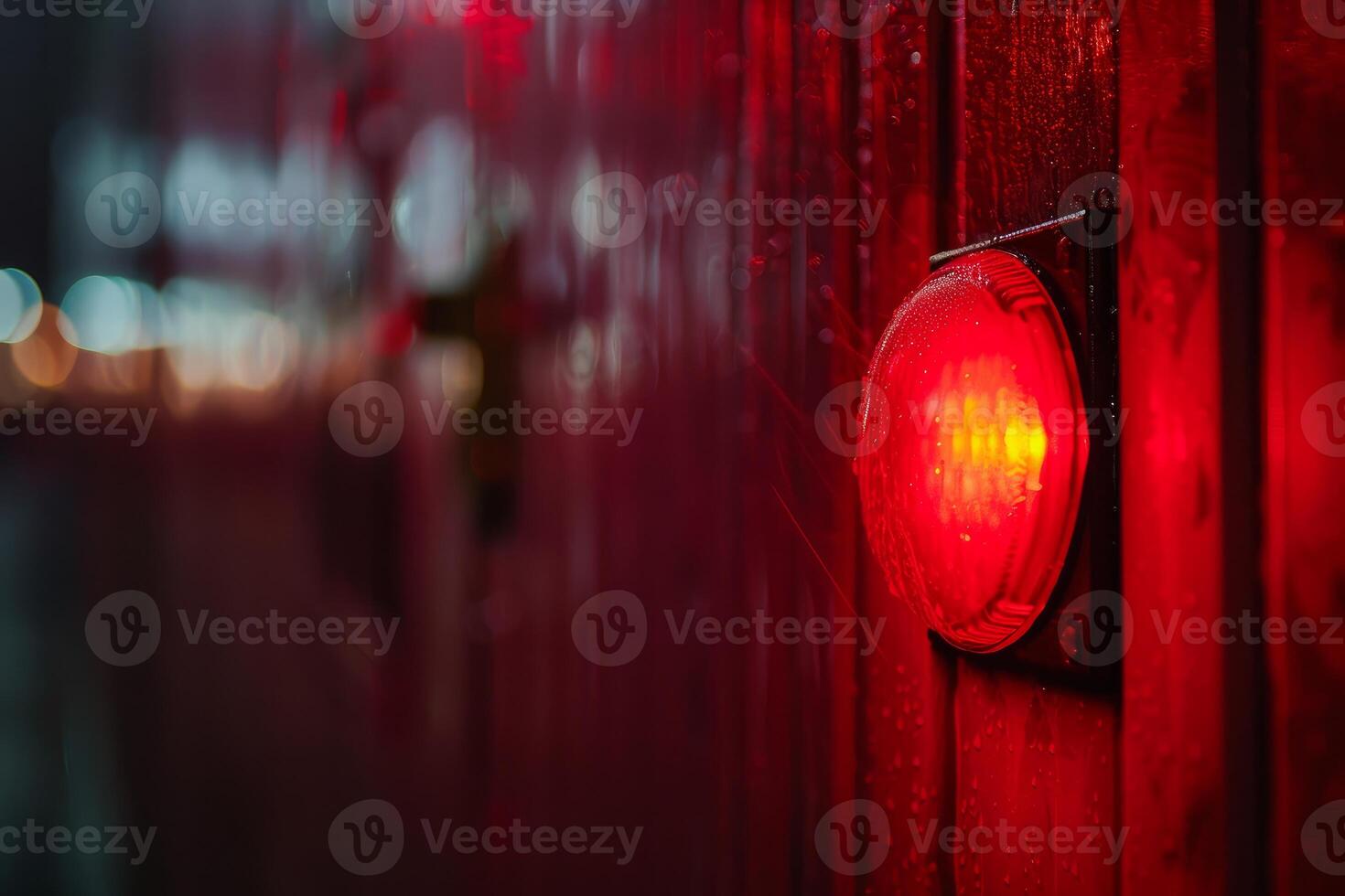 Red alarm light flashing on wet wall at night photo
