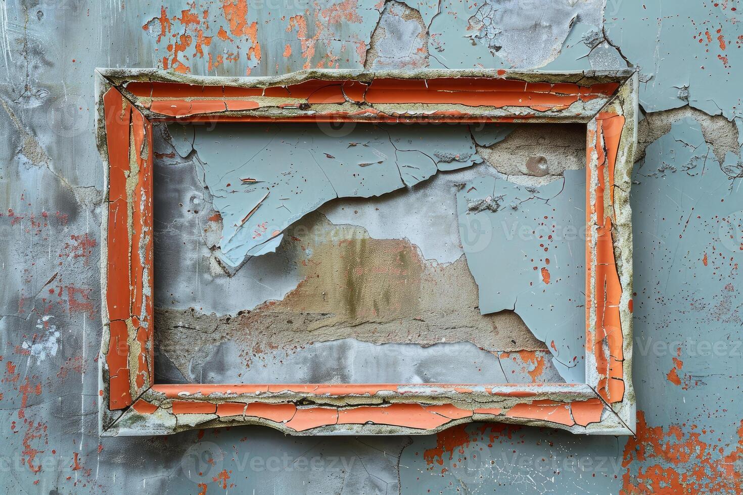 Empty orange frame hanging on a decaying light blue wall photo