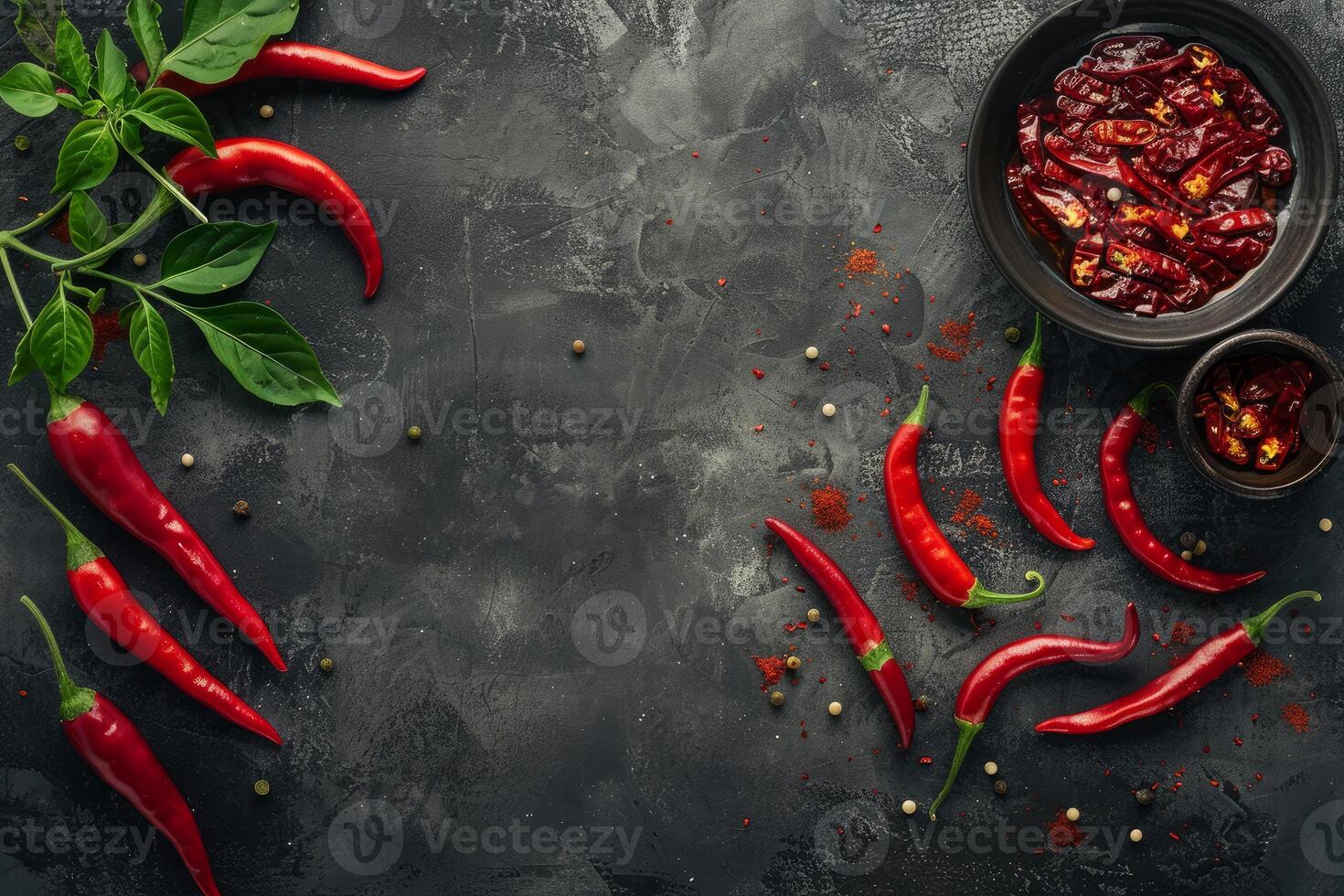 Fresh and dried chili peppers with herbs and spices creating culinary delight photo