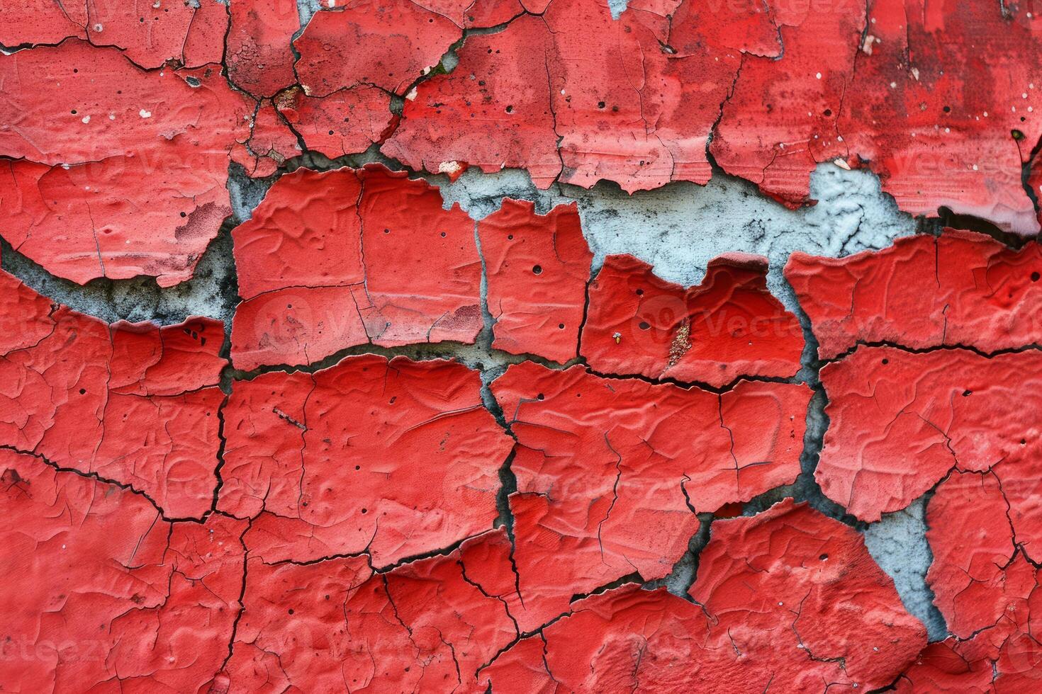 Red painting cracking and peeling from wall, showing underlying surface photo